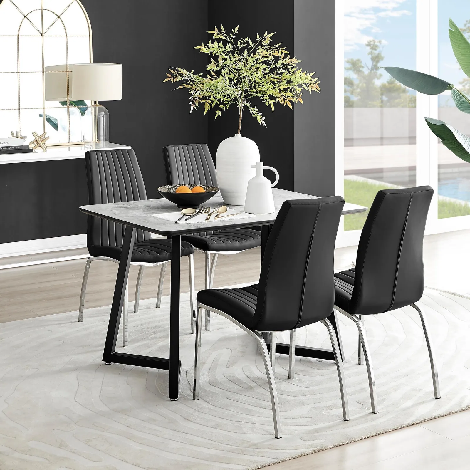 FurnitureboxUK Carson White Marble Effect Dining Table & 4 Isco Chairs in Black
