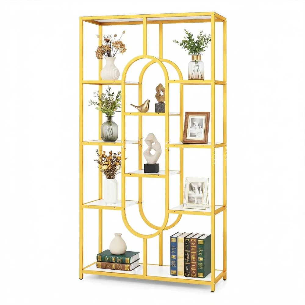 Costway 10-Tier Geometric Bookshelf 175CM Open Bookcase w/ Faux Marble Shelves in White 3
