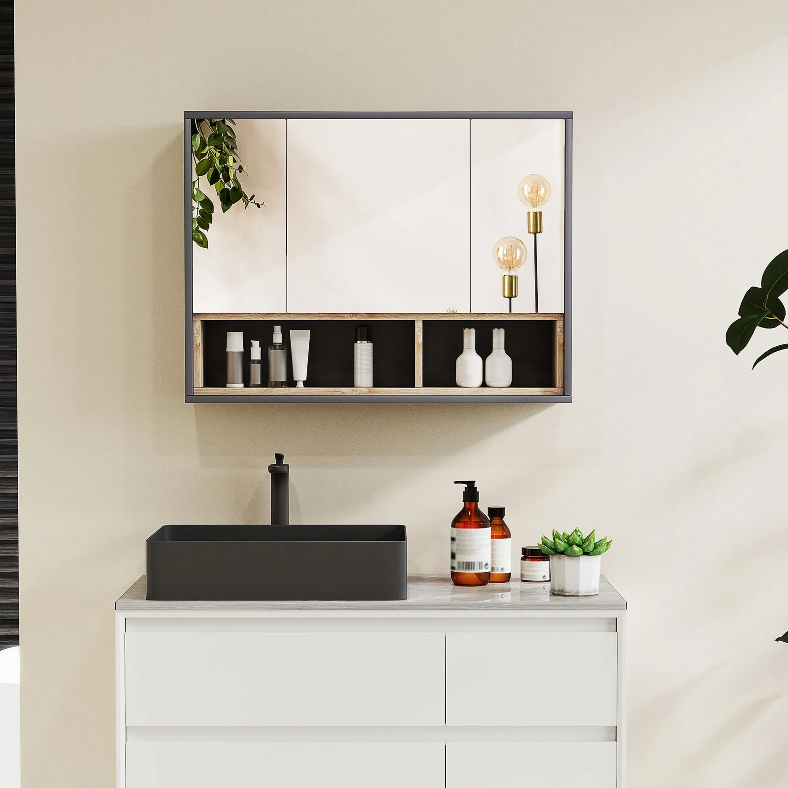 HOMCOM Bathroom Cabinet Wall Mounted Mirror Storage with Shelves Grey