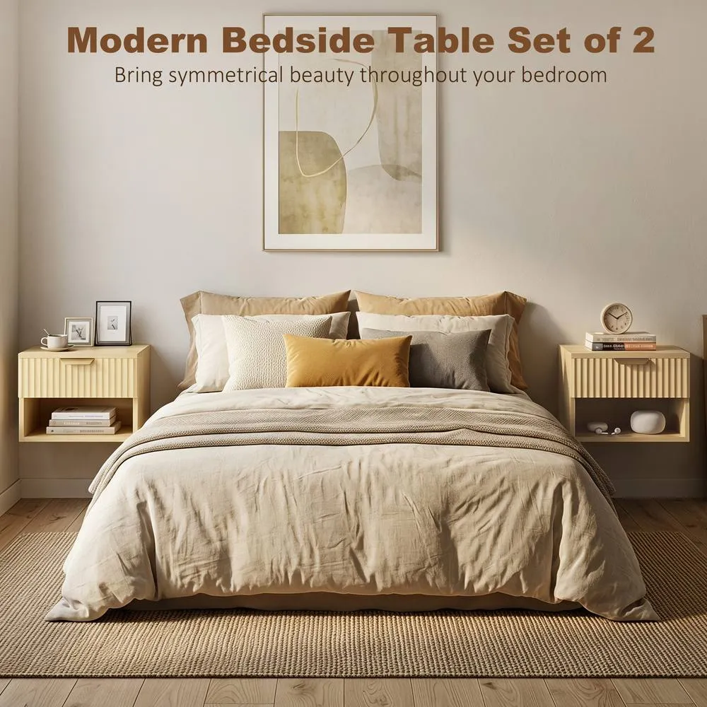 HOMCOM Floating Nightstands Set of 2, Wall Mounted Bedside Tables, Oak in Light Oak 4