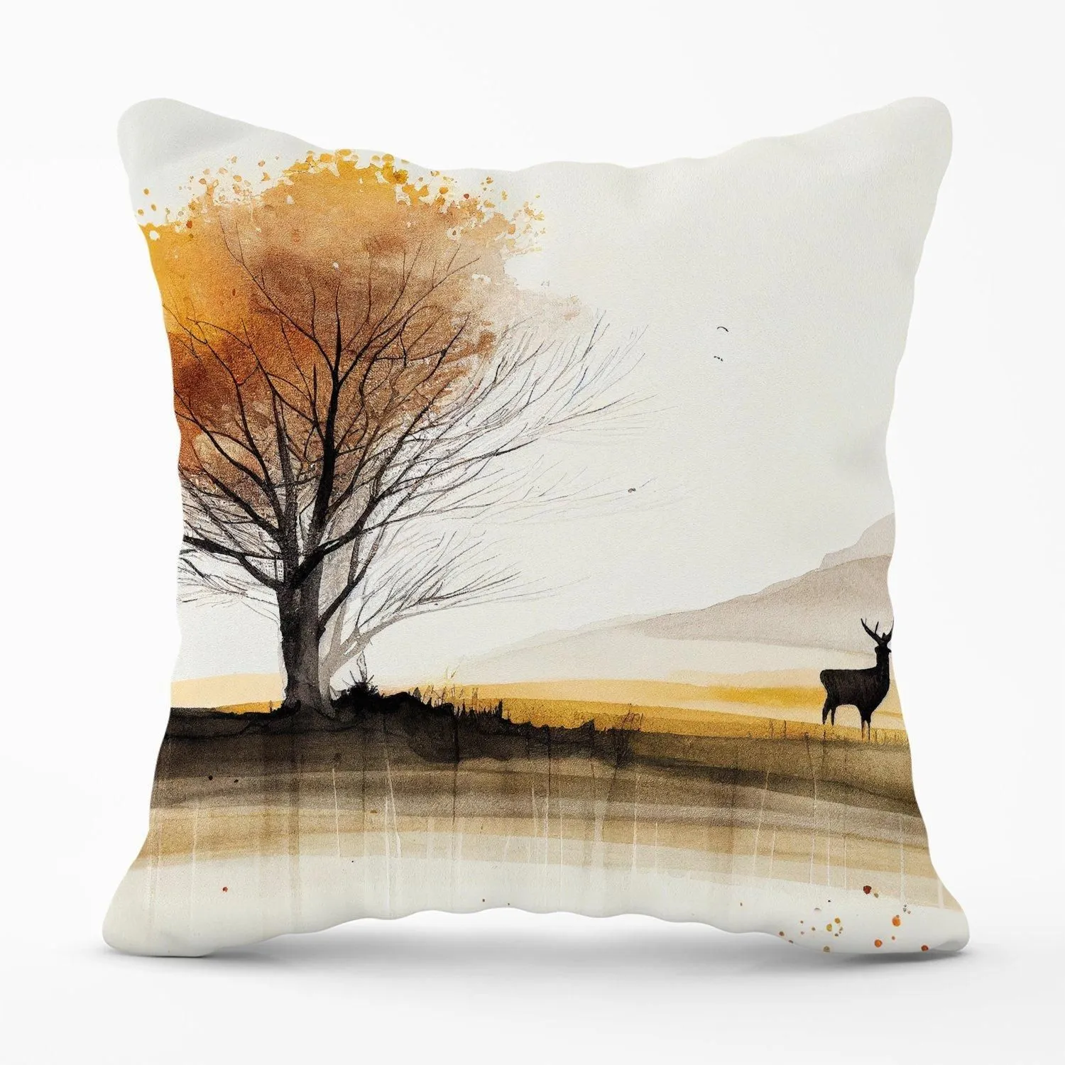 Warren Reed - Designer Autumn Landscape Stag Watercolour Outdoor Cushion in Brown