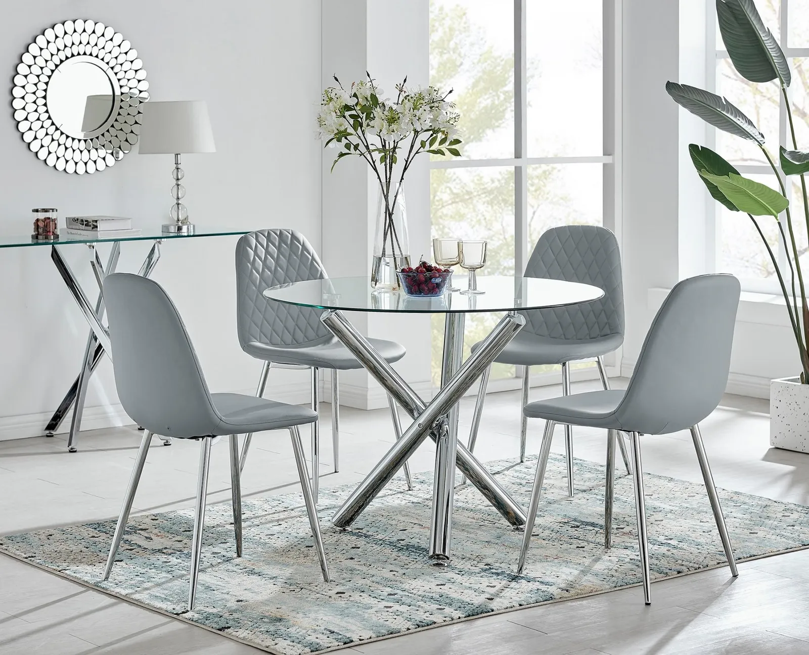 FurnitureboxUK Selina Round Glass Chrome Leg Dining Table & Corona Silver Leg Chairs in Grey 1