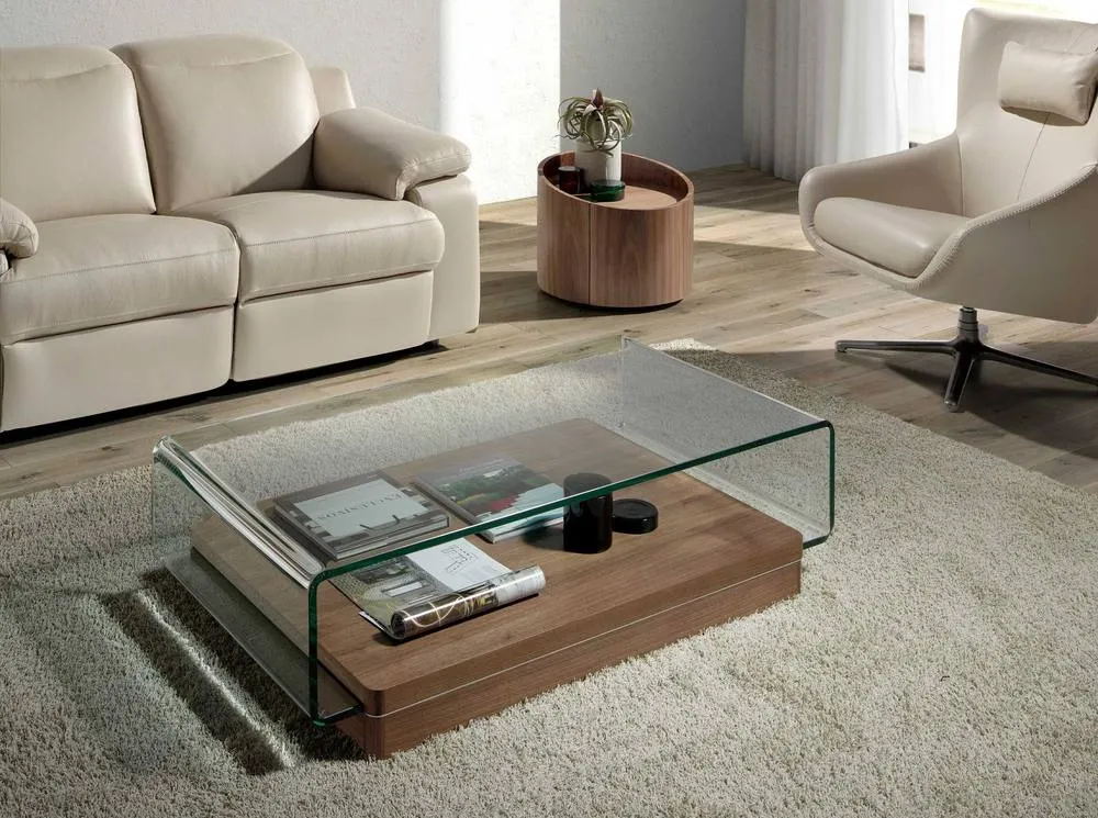 Angel Cerda Rectangular Tempered Glass Coffee Table with Walnut 3