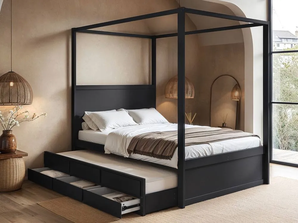 Flair Maddy 4 Poster Canopy Double Bed with Trundle & Storage Black 2
