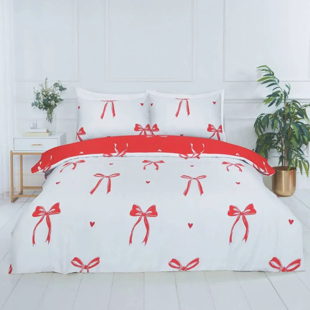 Rapport Home Christmas Festive Bows Reversible Duvet Cover Set with Pillowcase in Red 1