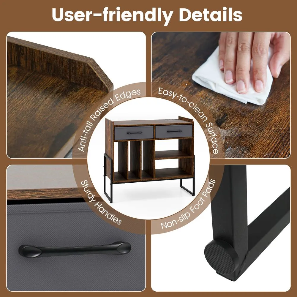 Costway Record Player Stand w/Charging Station 2 Drawers Vinyl Storage Cabinet in Brown 4
