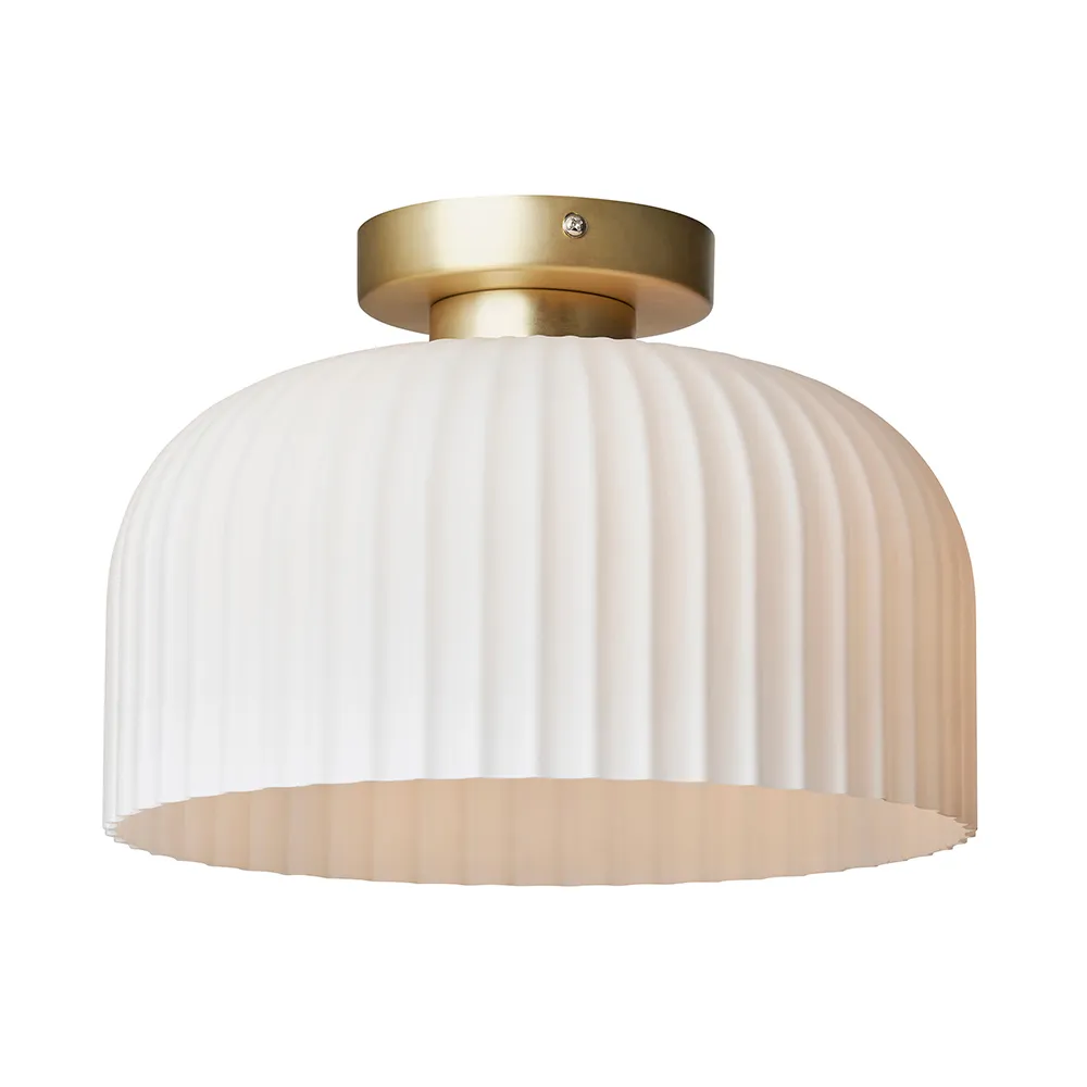 Binita Glass Ribbed Flush Ceiling Light, Opal & Brass