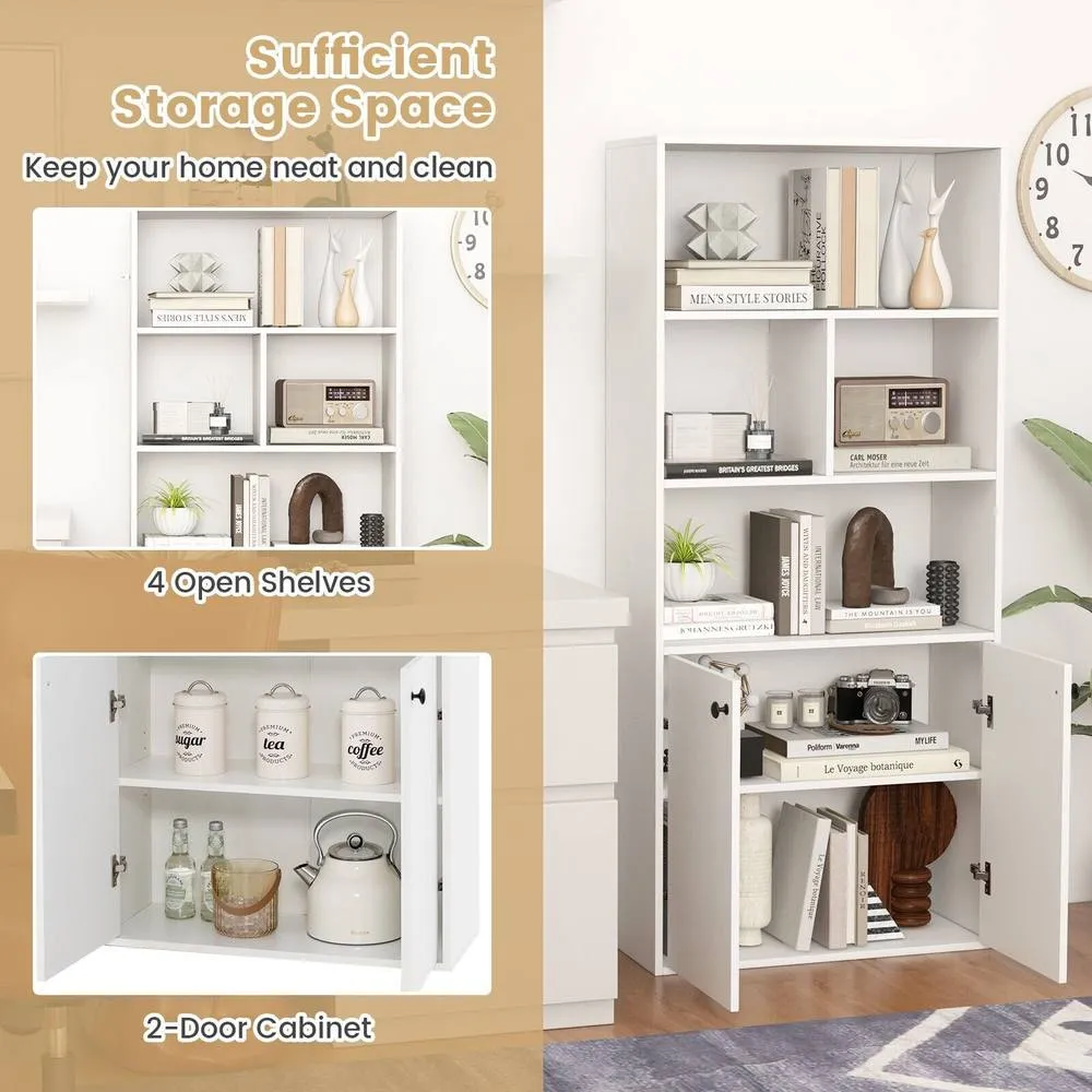 Costway 5-Tier Bookcase w/ 2 Doors 155 CM Tall Bookshelf Display Cabinet in White 5