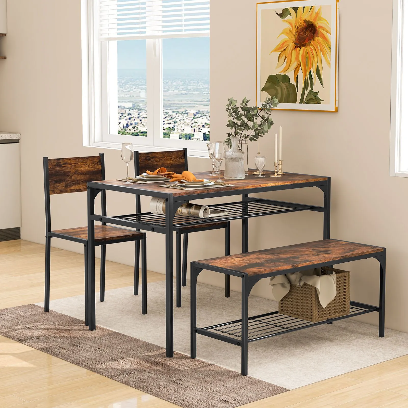 Costway 4PCS Dining Table Set for 4 Industrial Rectangular Kitchen Table with Chairs & Bench Metal Frame in Brown