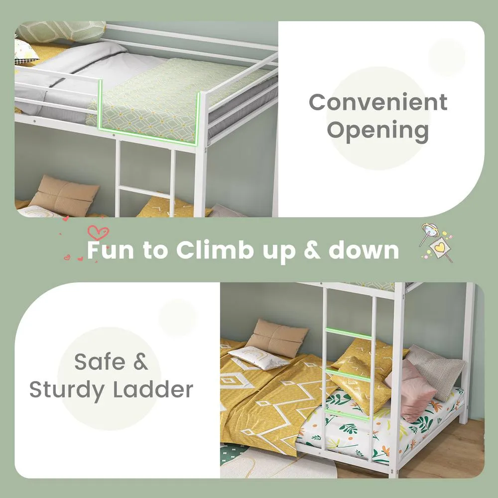 Costway Single Metal Bunk Bed Floor Bed Frame w/Ladder &Full-length Guardrails in White 4