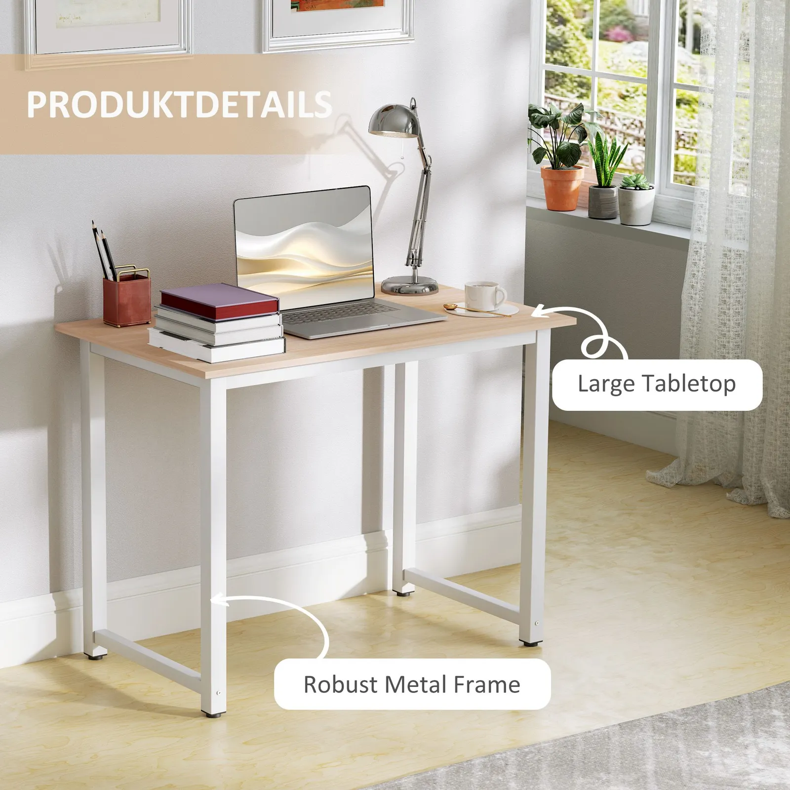 HOMCOM Modern Computer Desk, Writing Table with Metal Frame, White 6