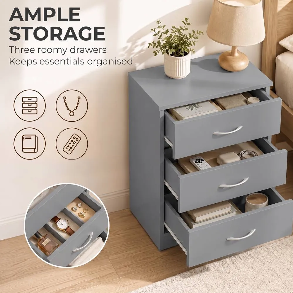 HOMCOM Modern 3 Drawers Side Table, Bedside Table with Non Slip feet, Grey 4
