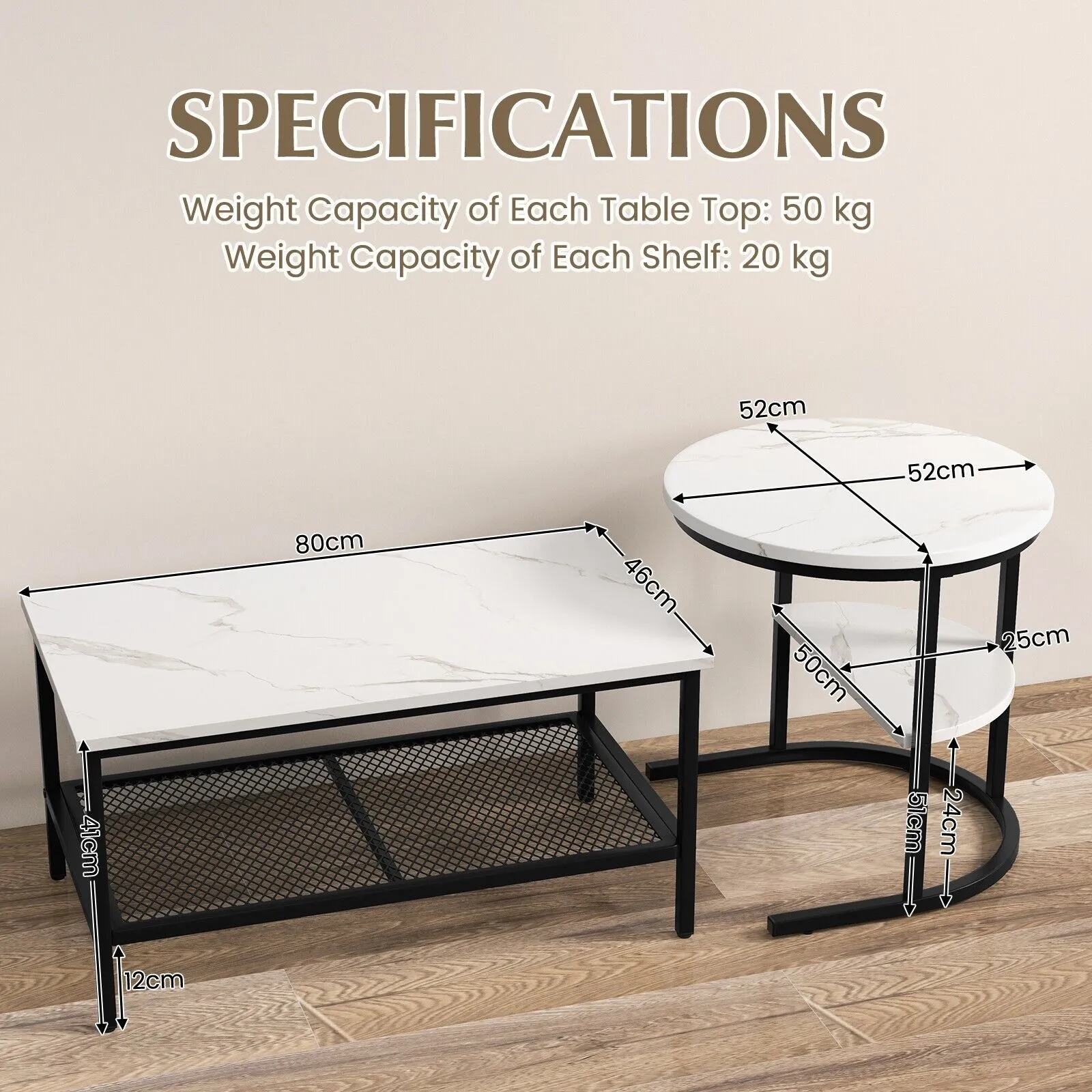 Costway Set of 2 Coffee Nesting Table Set Detachable 2-Tier Sofa Side Table Faux Marble Tabletop in Black 2