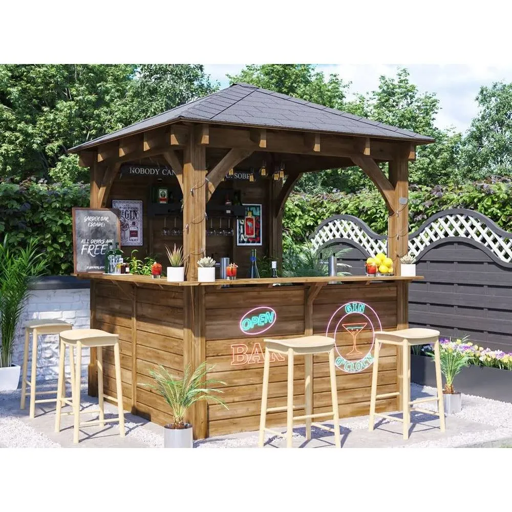 Dunster House Garden Bar 2.5x2.5m Wooden Outdoor Pub Shed with Black Roof Shingles, Leviathan in Brown 2
