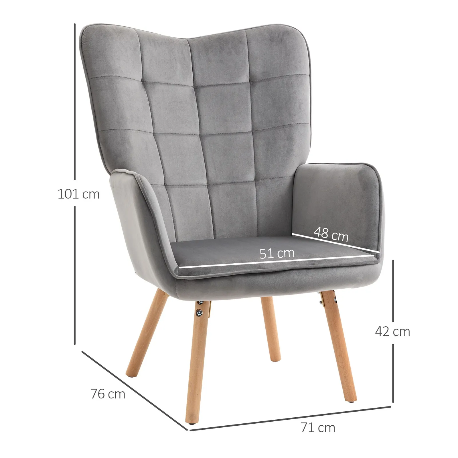 HOMCOM Modern Accent Chair Velvet-Touch Tufted Wingback Armchair Wood Legs in Grey 3