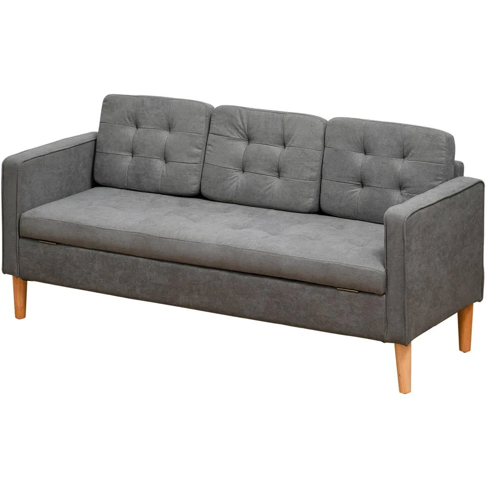 HOMCOM 3 Seater Sofa Button Tufted Fabric Couch Hidden Storage Rubberwood in Grey