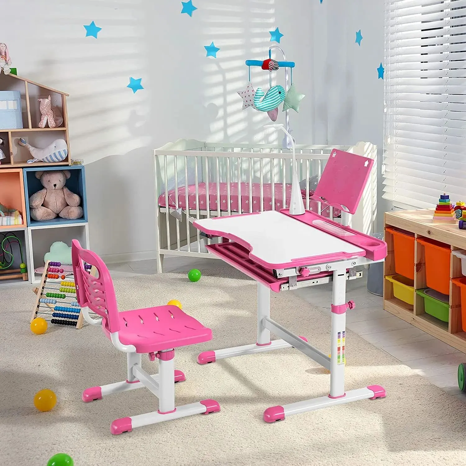 Costway Height Adjustable Study Table & Chair Set w/Book Stand & LED Light in Pink 4