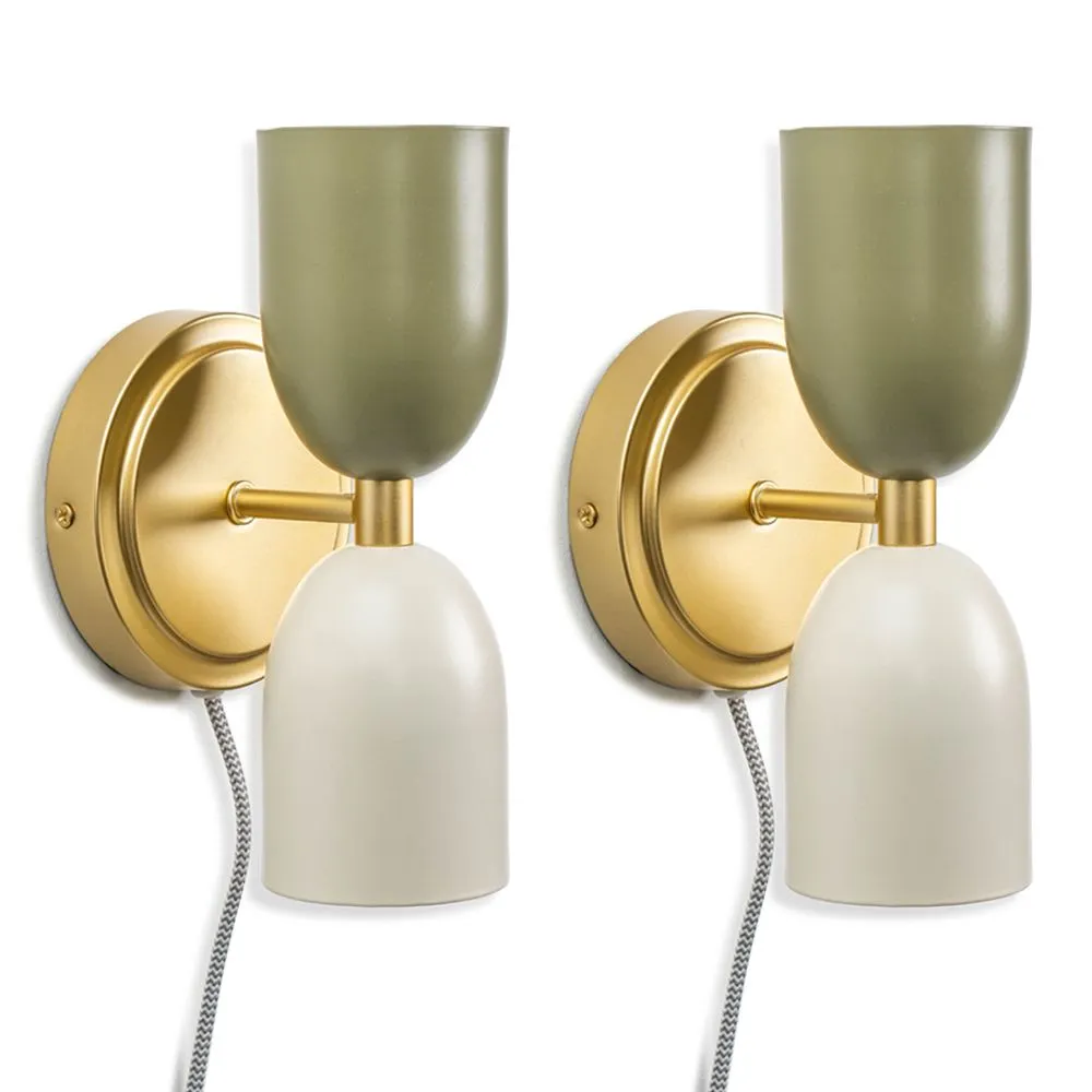 ValueLights Pair of - Plug in Gold Up & Down Easy Fit Wall Lights with Khaki / Cream Shades 2