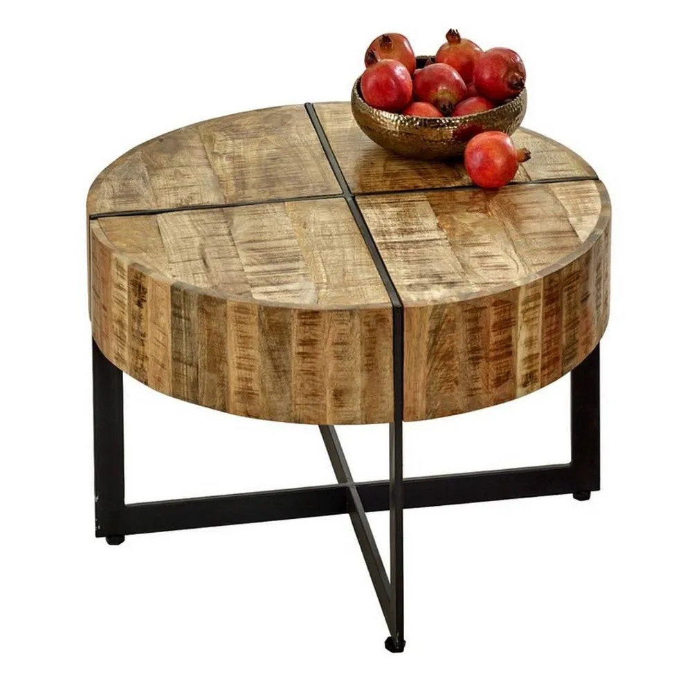Indian Hub Surrey Coffee Table with Solid Mango Wood Top & Metal Legs in Brown