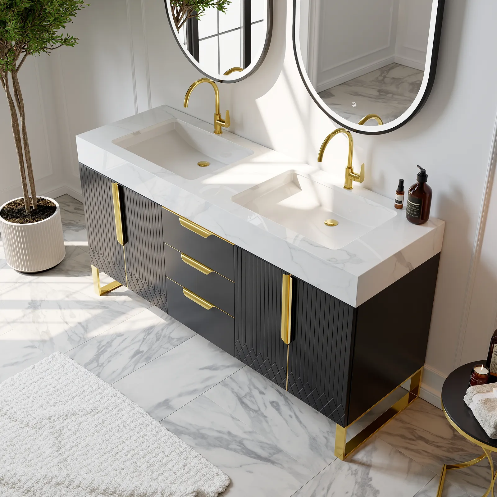 Aro 1500mm Black Double Basin Freestanding Bathroom Vanity Drawers Faux Marble Top
