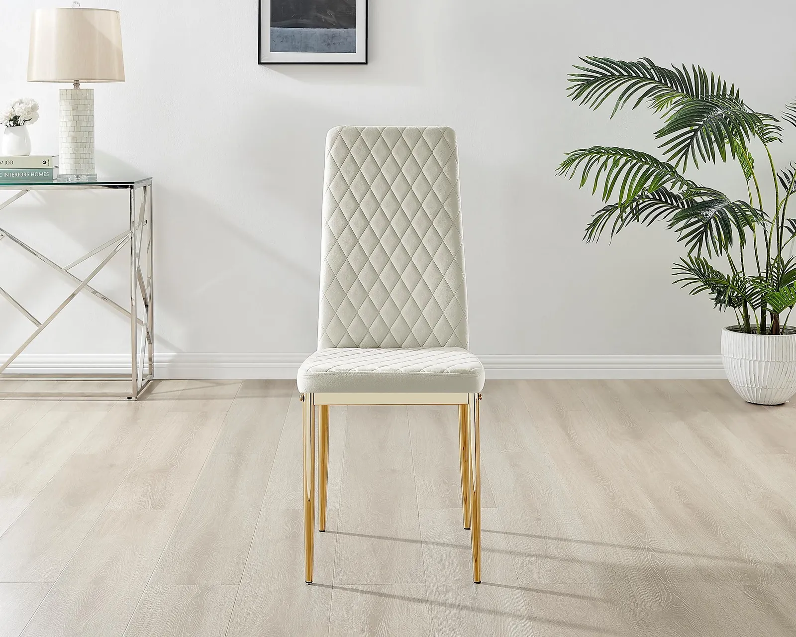 FurnitureboxUK Set of 4 Milan High Back Soft Touch Diamond Pattern Velvet Dining Chairs With Gold Chrome Metal Legs in Cream 4