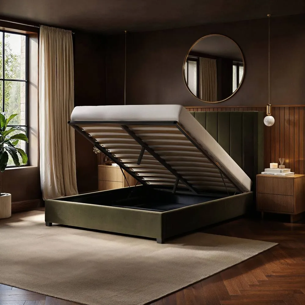Flair Tiggy Ottoman Bed with Winged Headboard Khaki Velvet in Green 2