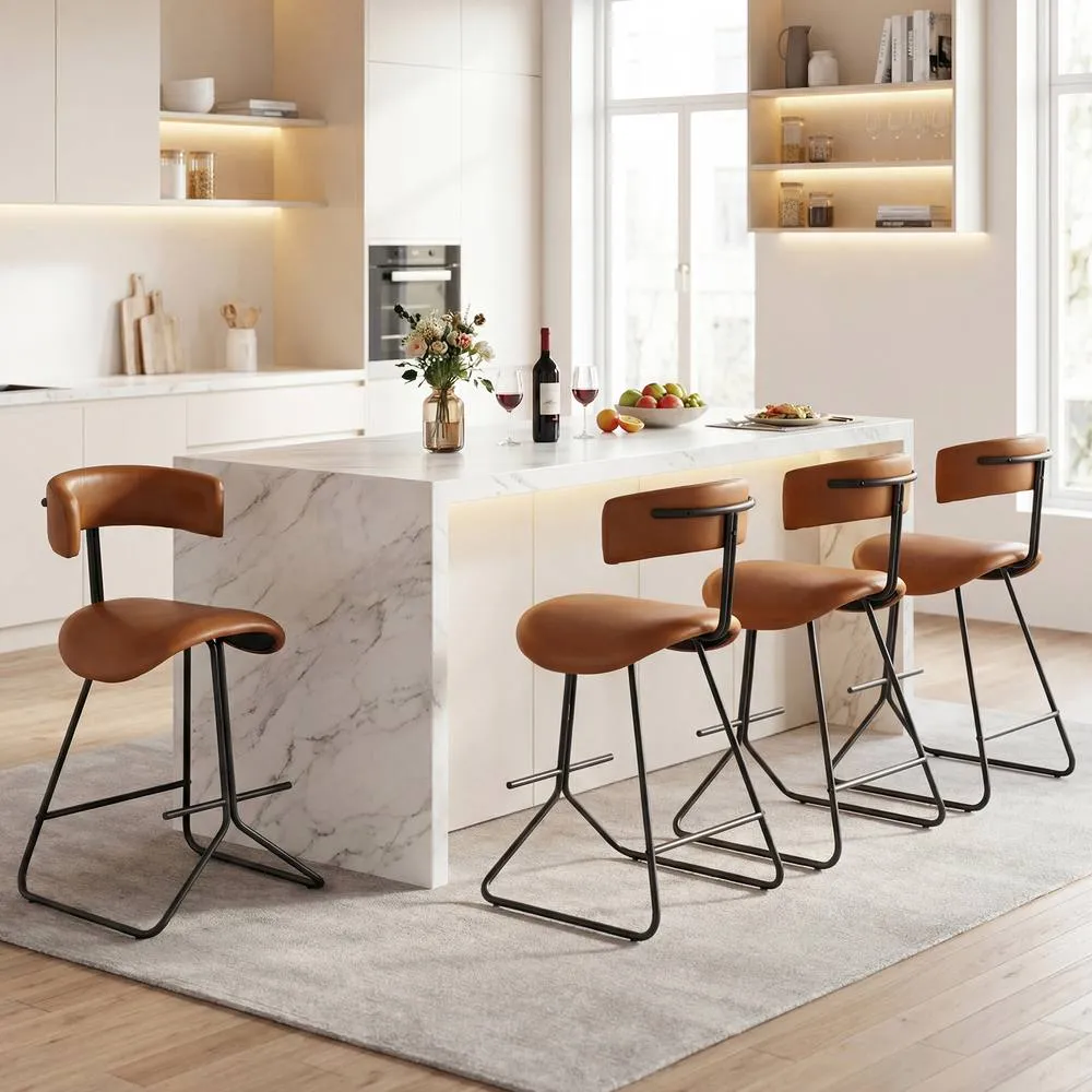 Costway 2PCS Counter Height Stools Faux Leather Upholstered Armless Barstools in Brown 6