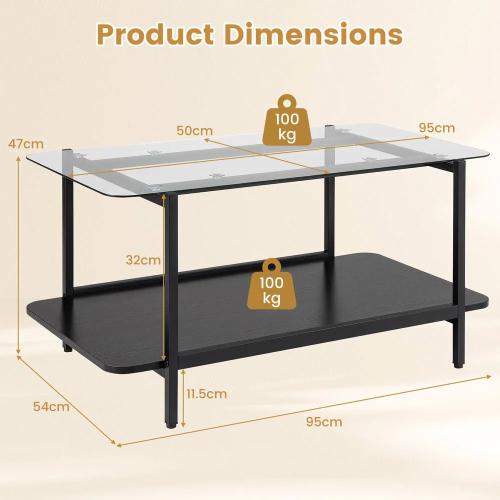 Costway 2-Tier Tempered Glass Coffee Table Modern Rectangular Center Table in Black 2