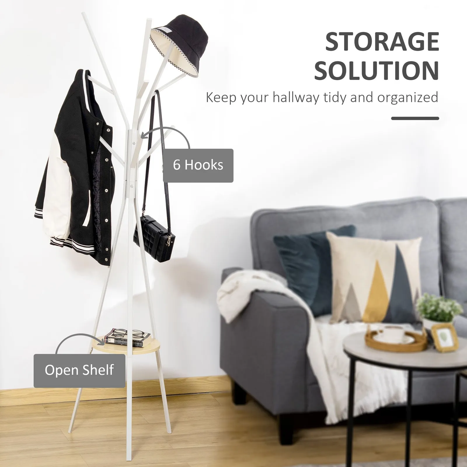 HOMCOM Free Standing Coat Rack Metal Shelf Holder Stand Display Clothes Hat in White 4