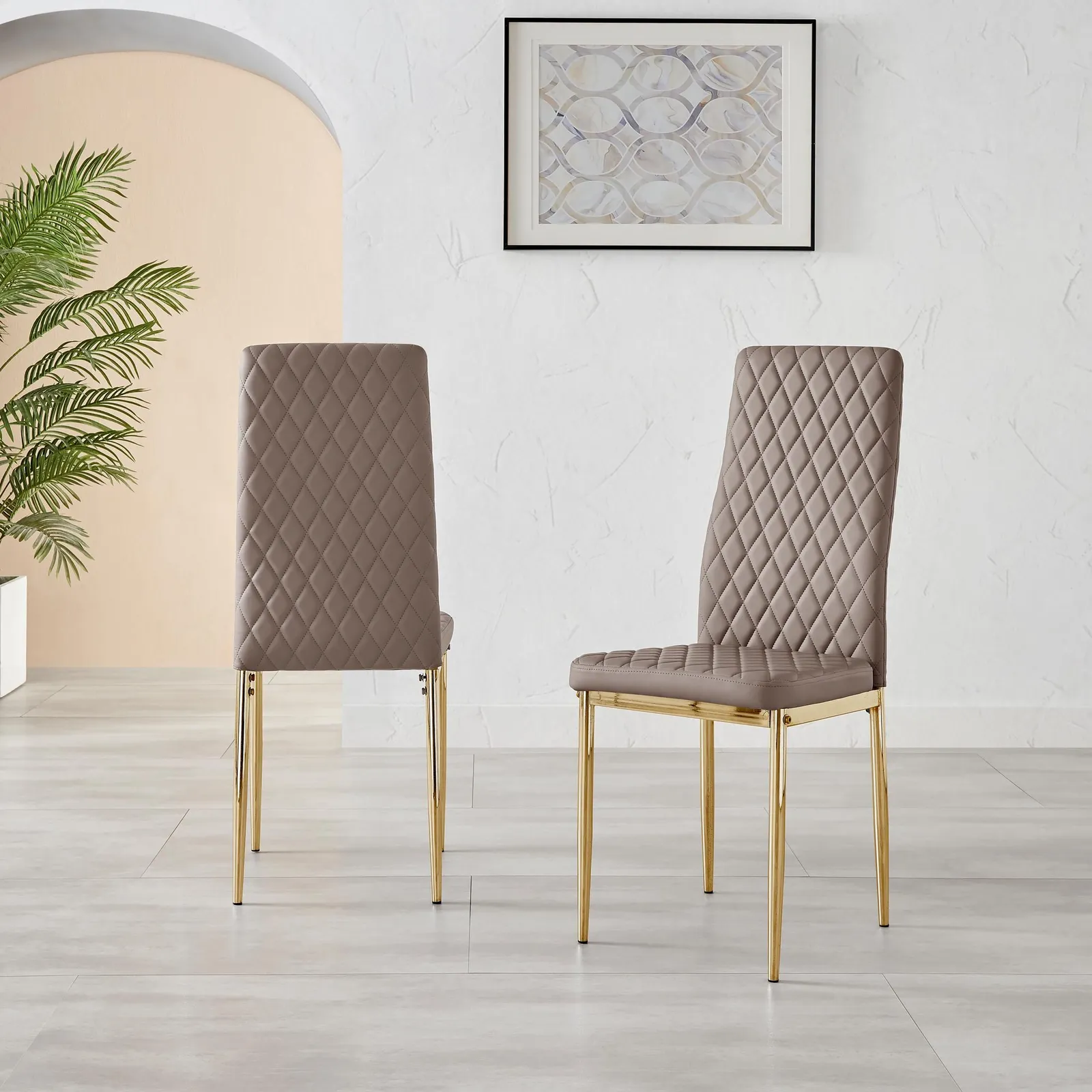FurnitureboxUK Set of 4 Milan High Back Soft Touch Diamond Pattern Faux Leather Dining Chairs With Gold Chrome Metal Legs in Beige 3