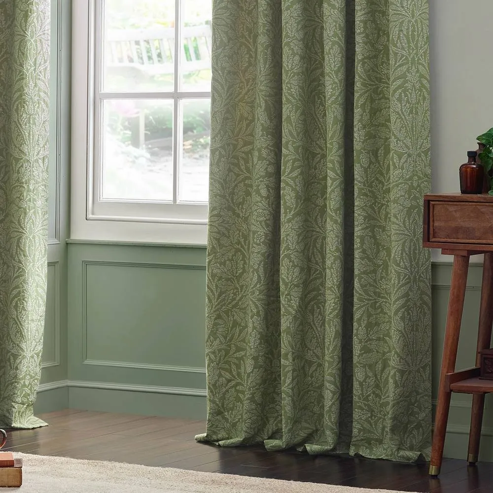 Morris & Co Acorn Tonal Fully Lined Matt Jacquard Pencil Pleat Curtains in Green 4