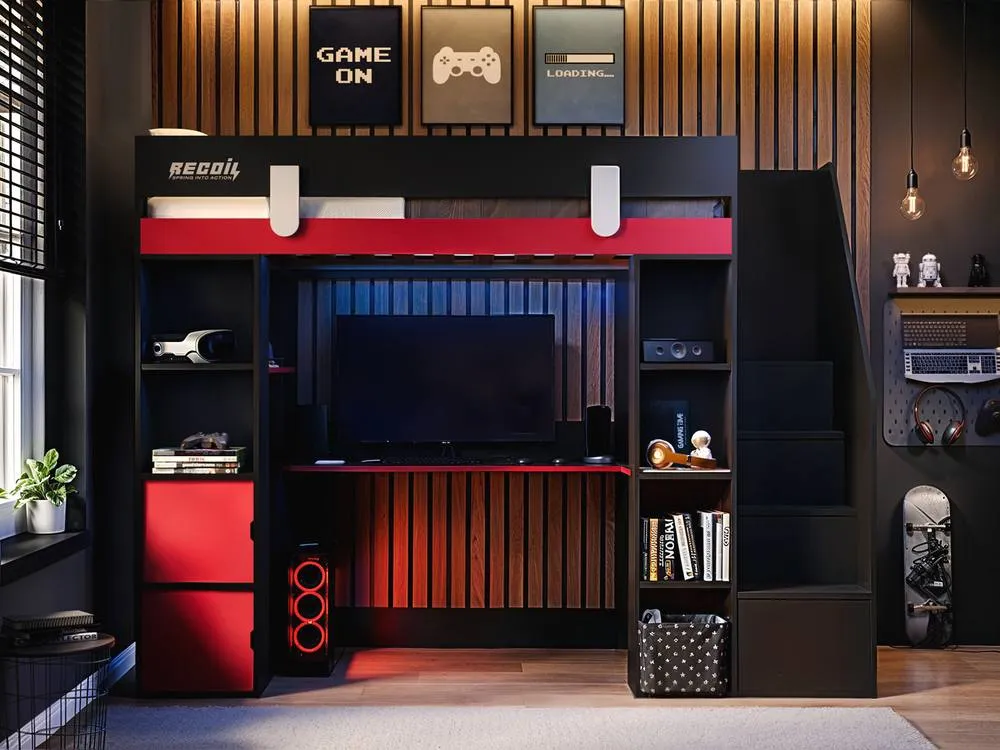 Flair Blaze Staircase Gaming High Sleeper with Storage Black & Red 3