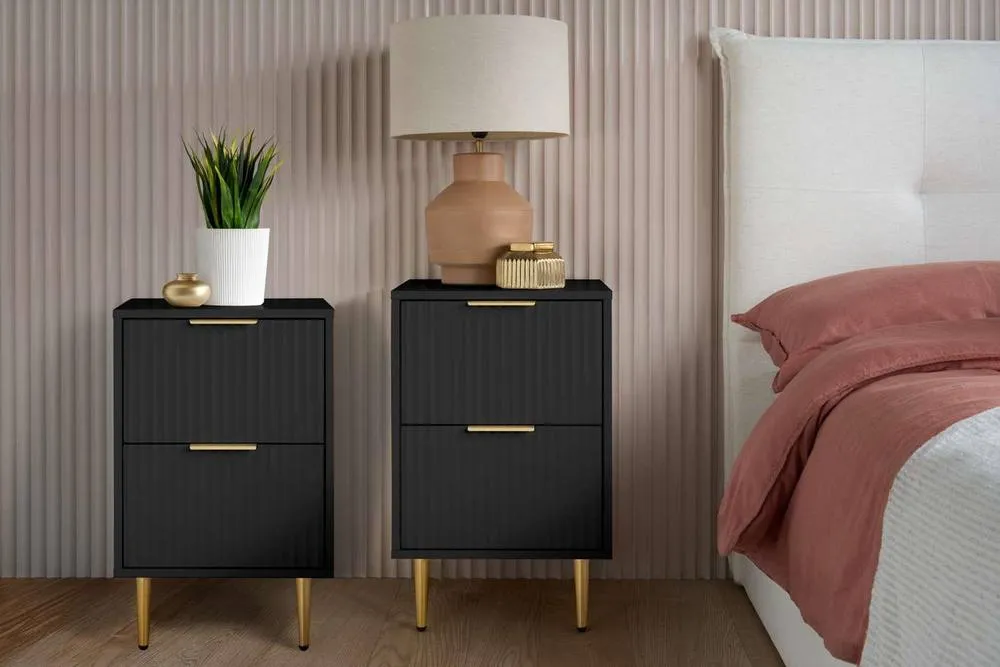 Birlea Pair of Zaza Black Bedside Cabinet 2 Drawer Fluted Chest