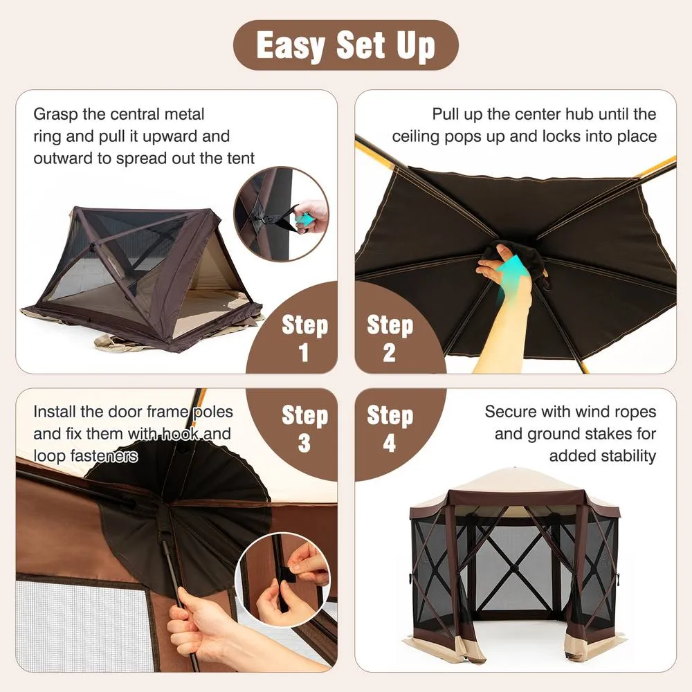 Costway Foldable Gazebo w/6 Net Sides & Zipped Door 6-Sided Garden Pavilion in Brown 4