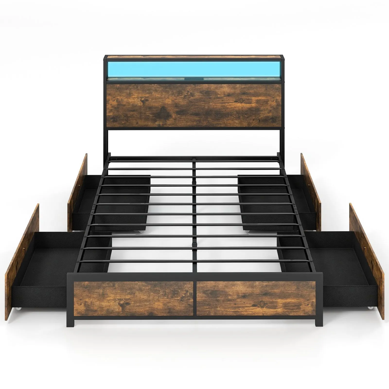 Costway Double Size Bed Frame Metal Bed Platform LED Light Headboard & 4 Storage Drawers in Brown 2