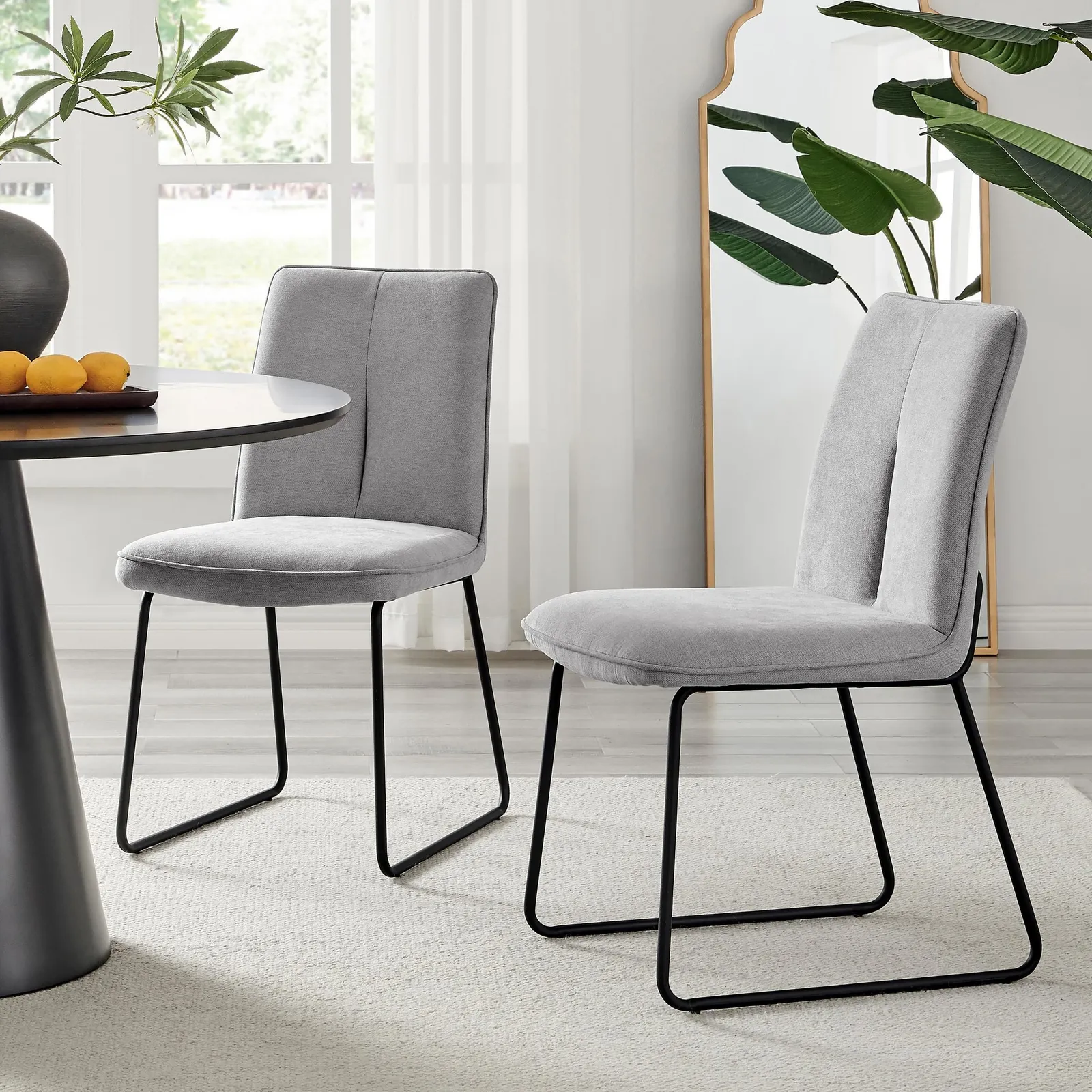 FurnitureboxUK Set of 2 Modern Chic Deep Padded Soft & Durable Stitched Fabric & Black Powder Coated Metal Leg Dining Chairs in Light Grey 1