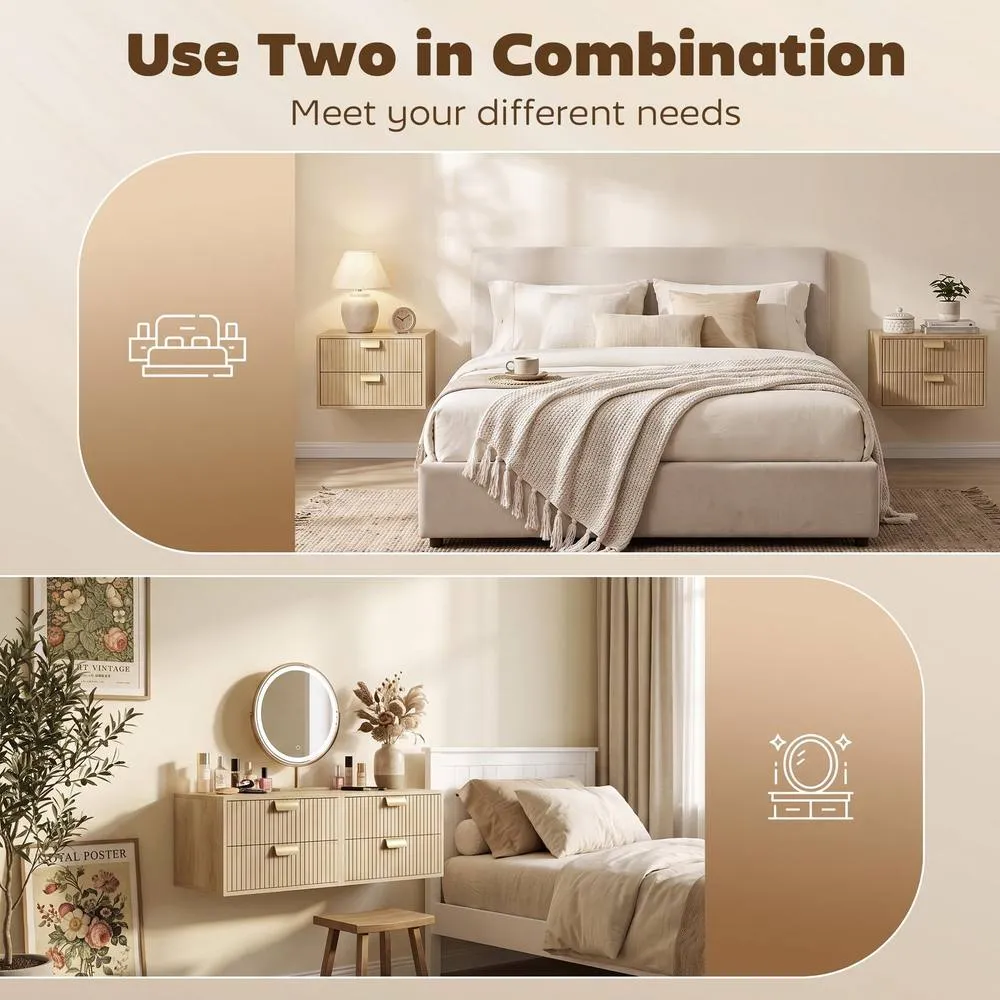 HOMCOM 2pcs Modern Floating Nightstands, 2 Drawers Bedside Tables, Oak in Natural 6