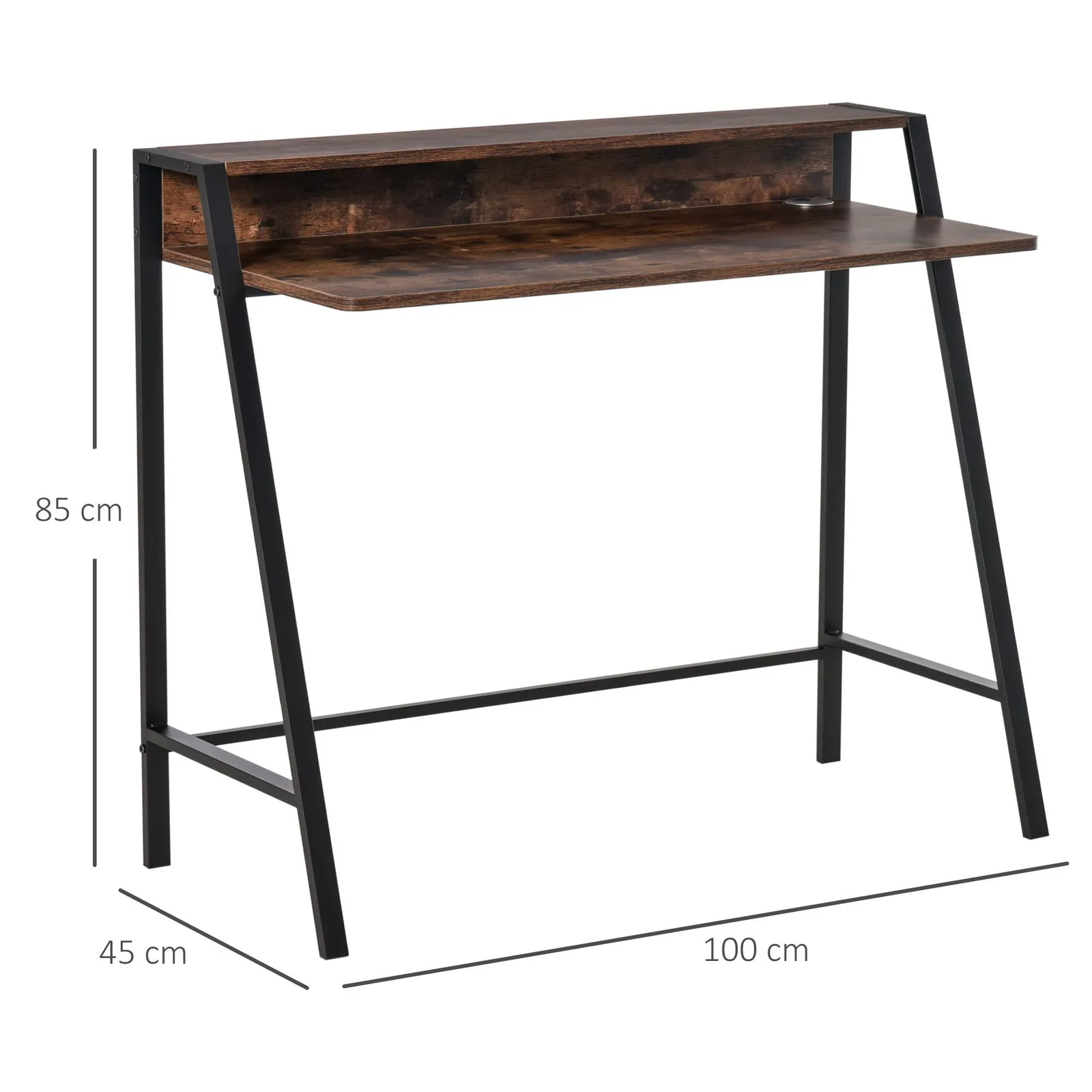 HOMCOM 2-Tier Storage Computer Workstation Metal Frame Rustic Brown 84cm 3