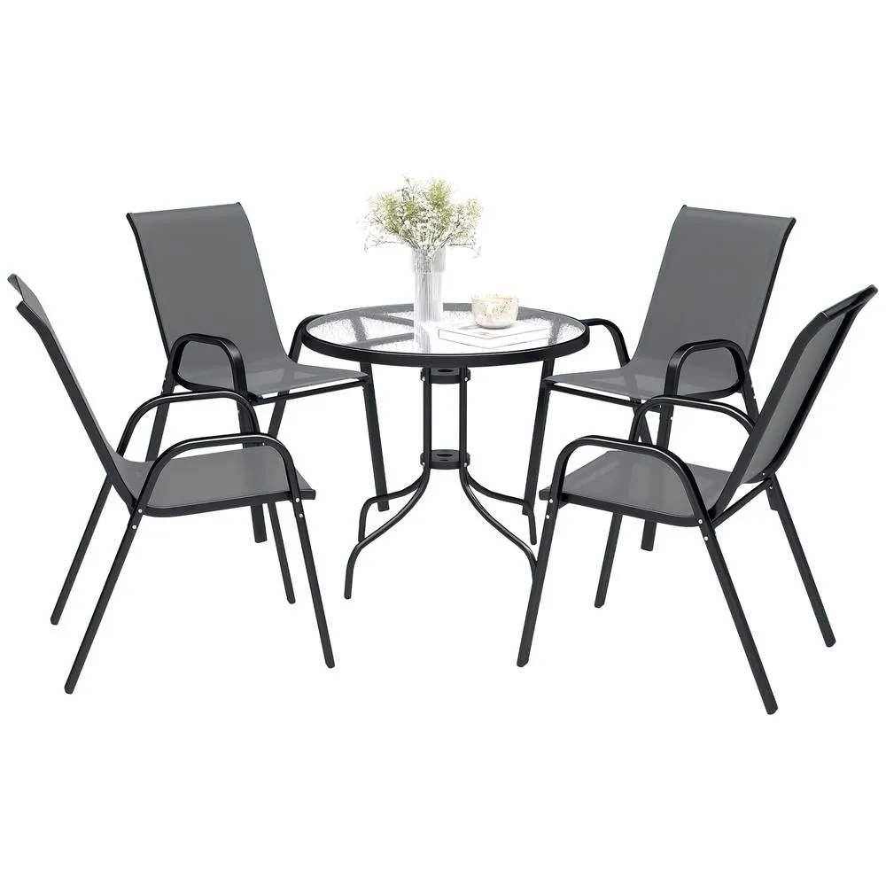OUTSUNNY 5 PCs Garden Furniture Set, Round Table & Stackable Chairs, Grey in Dark Grey 2
