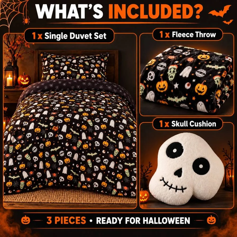Smart Living 3 Piece Halloween Bedding Bundle Single Duvet Throw Skull Cushion in Black 4