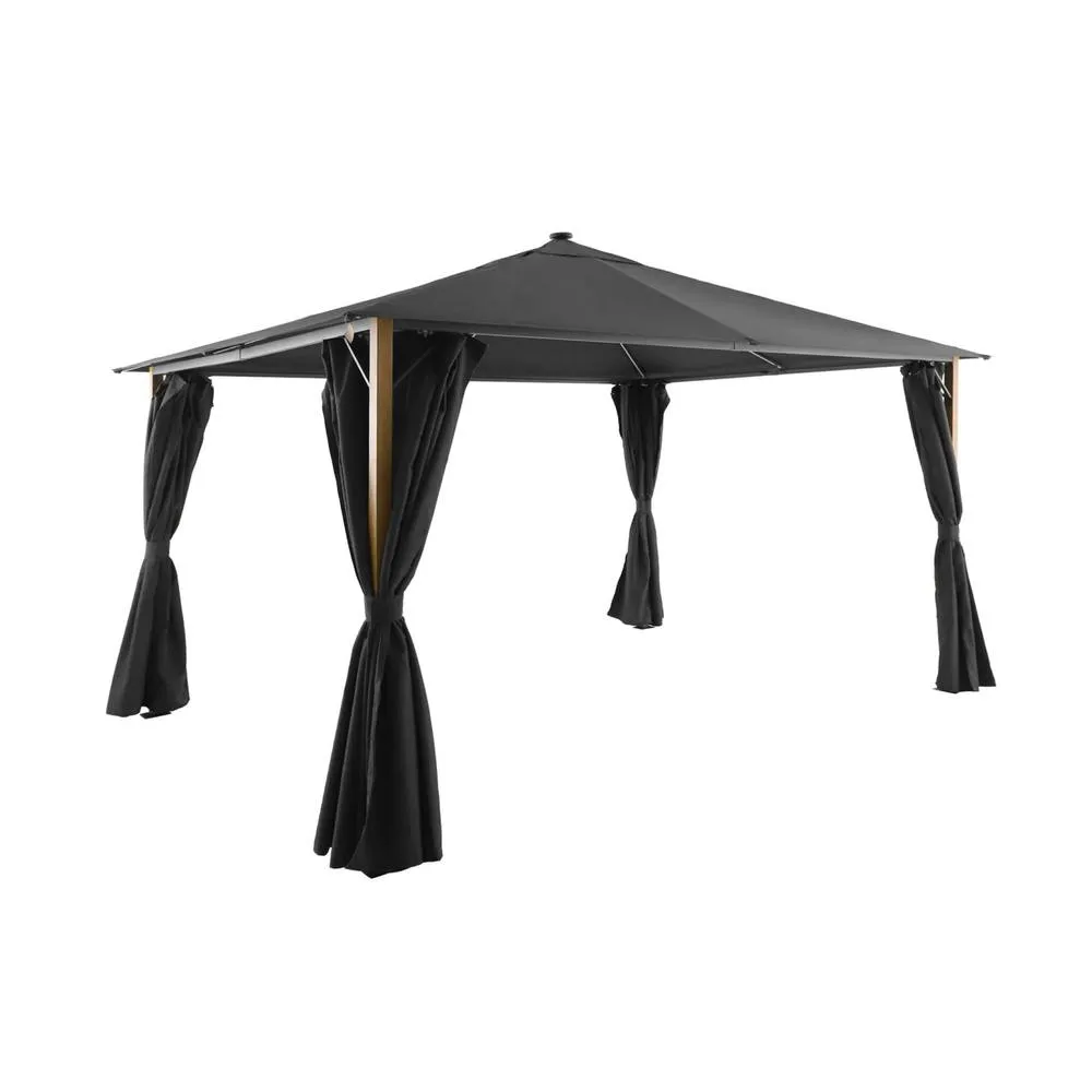 sweeek Aluminum gazebo 4x3m with wood effect, curtains, & LED in Dark Grey