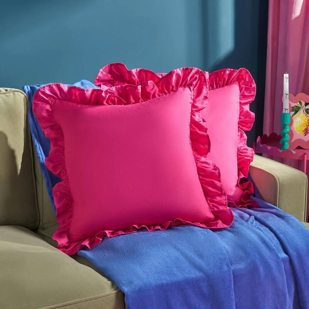 OHS 2 x Plain Faux Linen Frill Cushion Covers in Bright Pink