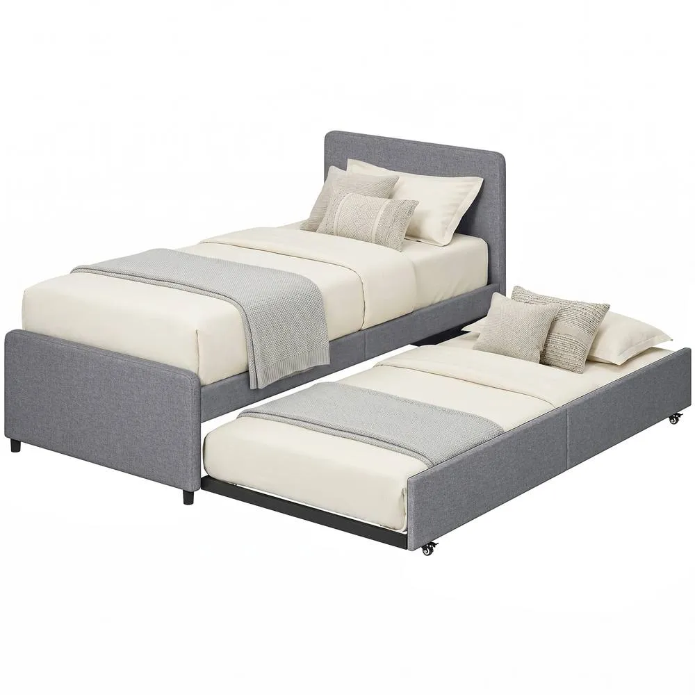 HOMCOM 90 x 190 cm Upholstered Single Bed, Pull Out Trundle Bed in Dark Grey 2
