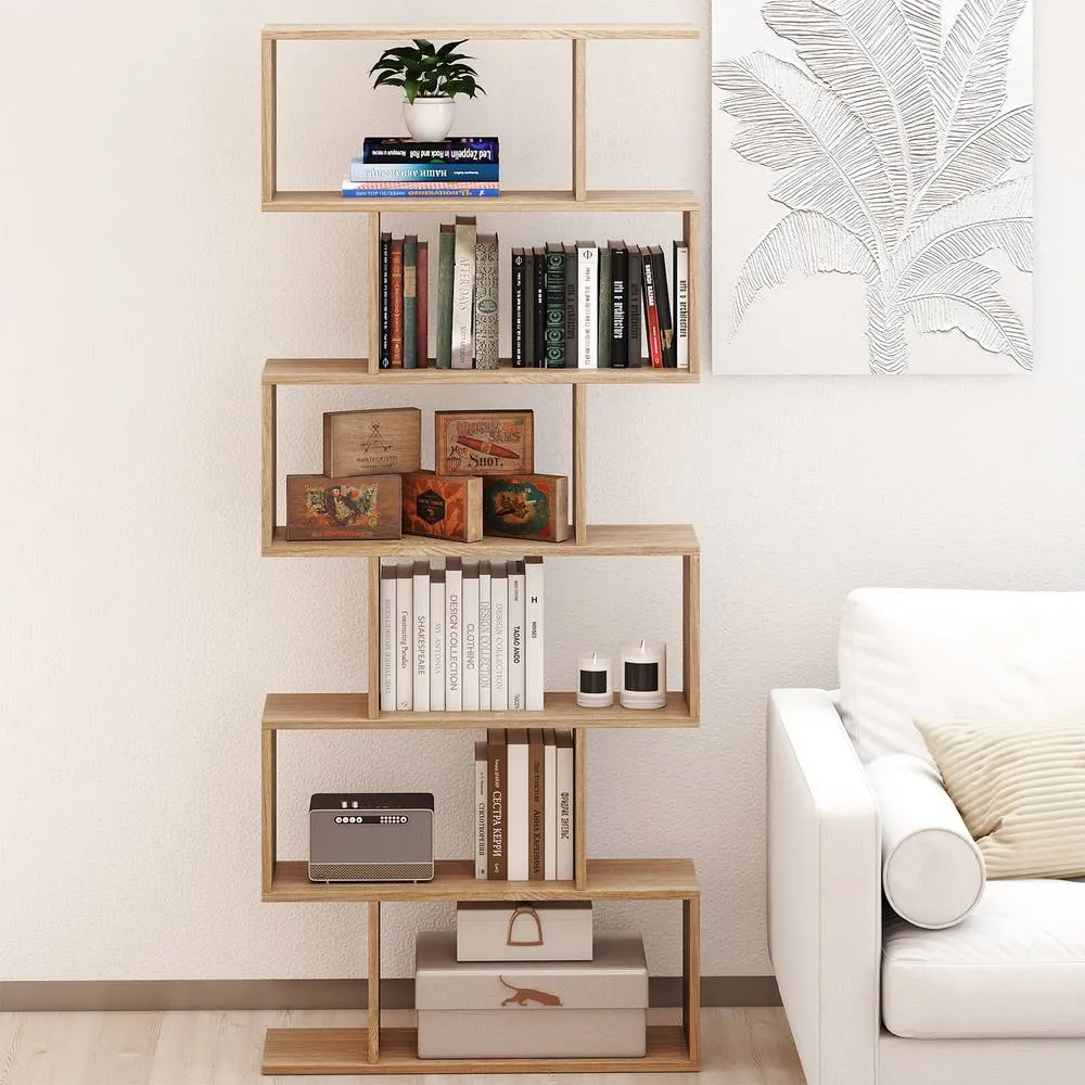 Costway 6-tier Bookcase S-Shaped Bookshelf Wooden Storage Display Rack in Natural 3