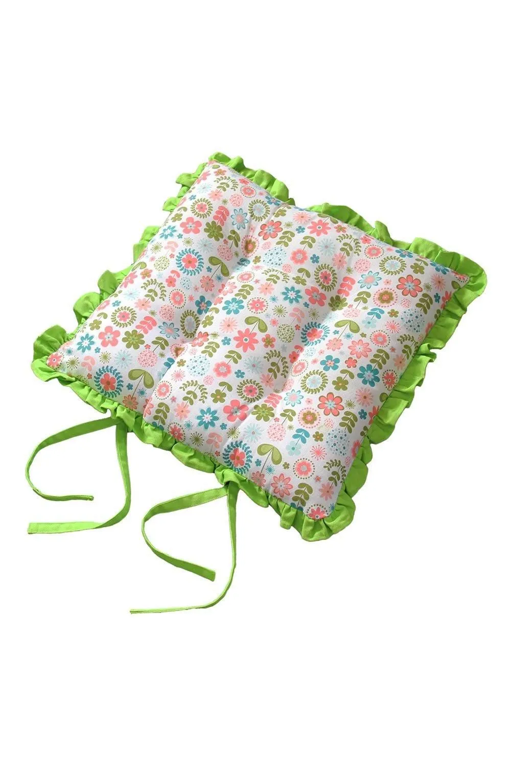 Homescapes Reversible Green Frilled Cushion Seat Pad with Ties Retro Flower
