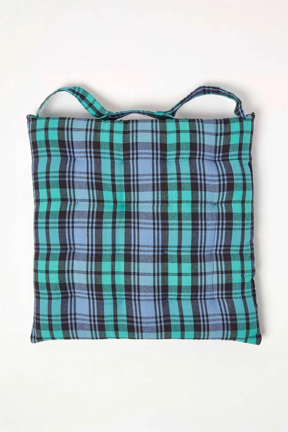 Homescapes 4 Pack Seat Pads Cotton Green Tartan Indoor Outdoor Garden Cushion, 40cm 4