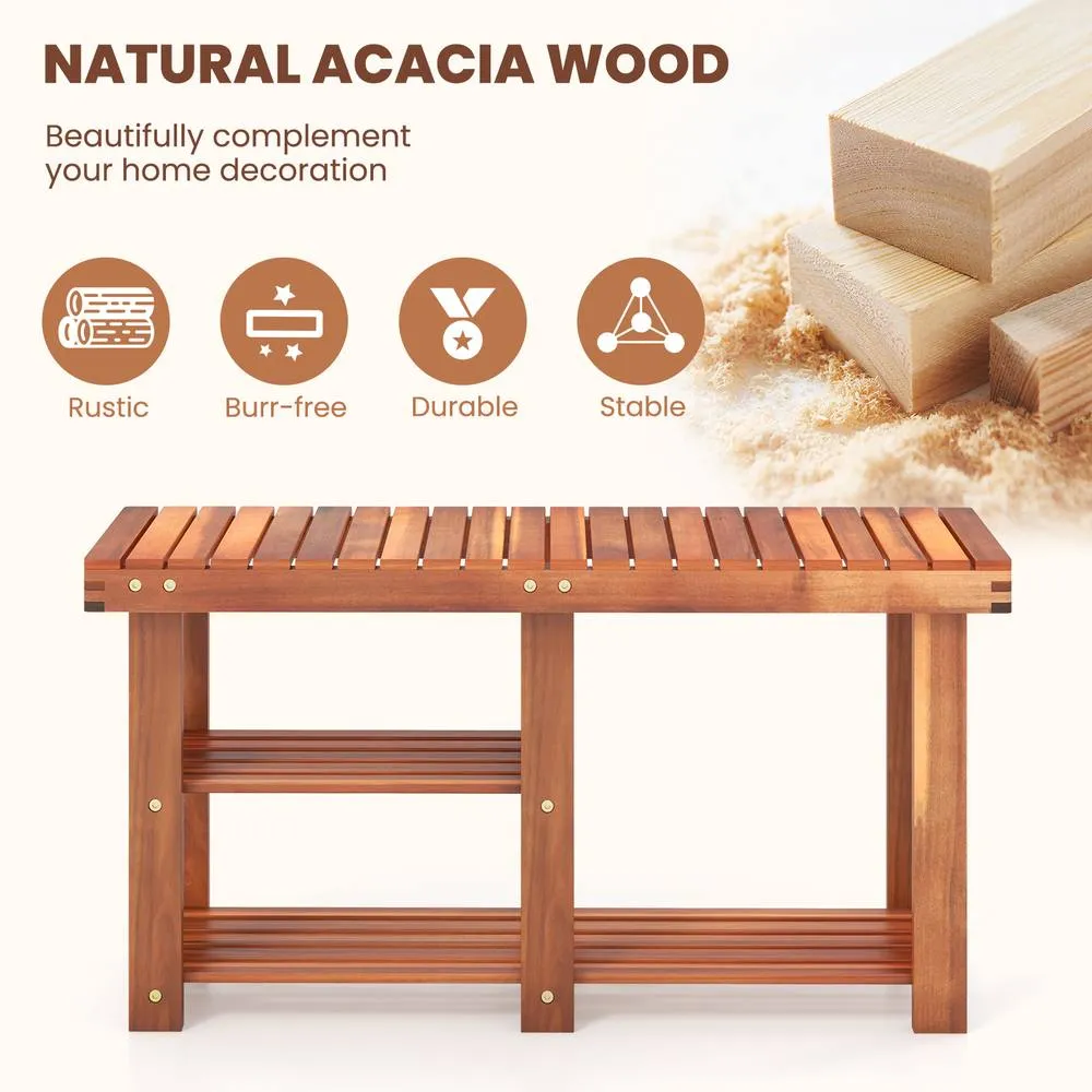 Costway Acacia Wood Shoe Rack Bench 3-Tier Shoe Organizer 87x28x45cm in Brown 4