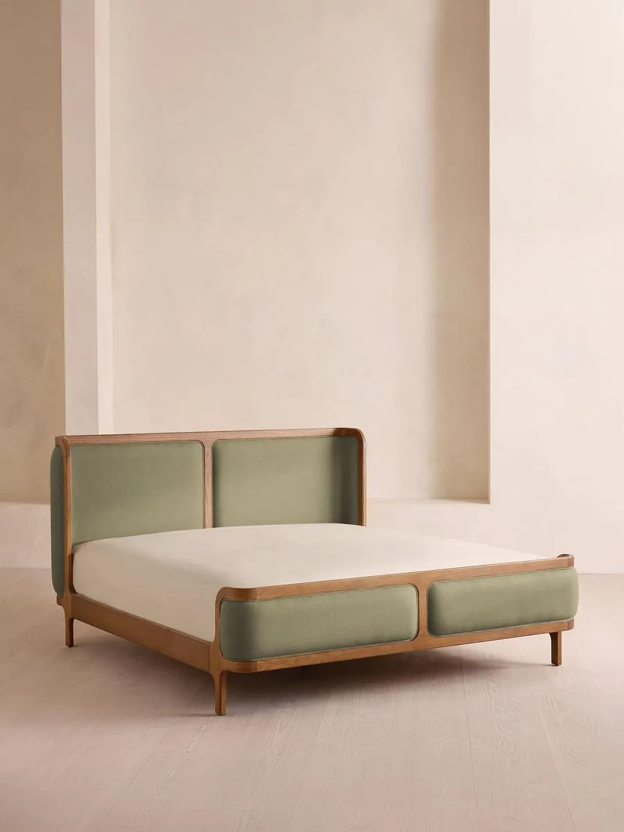 Belsa Bed, Light Oak, King, Linen, Sage