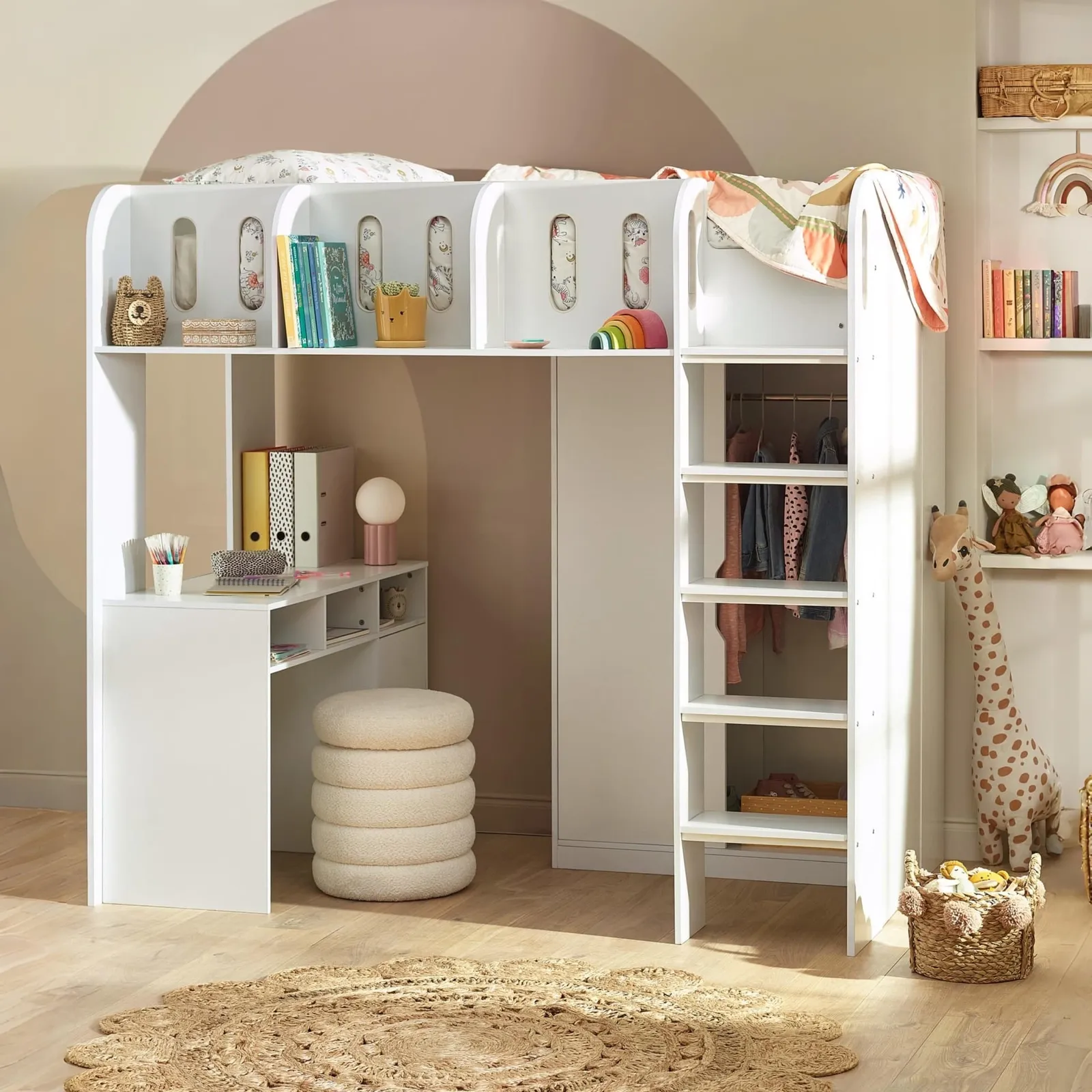Vision - Single - High Sleeper with Shelves, Desk and Wardrobe - White - Wooden - 3ft 1
