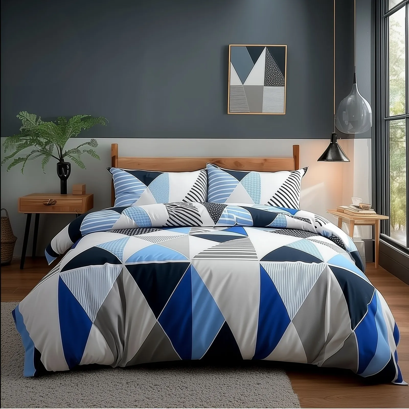Snug City Duvet Cover & Pillowcase Set Multi Colour Triangle Design Polycotton Bed Linen in White